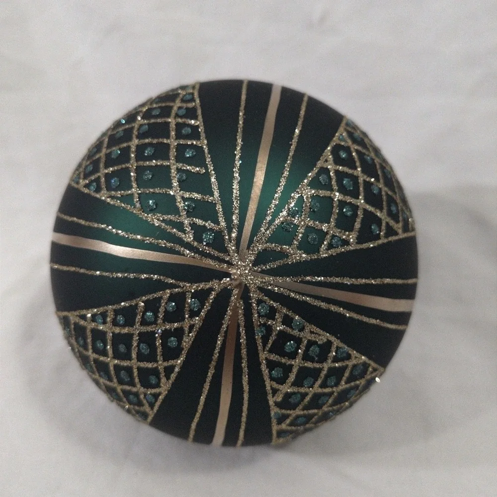 Emerald Green Glass Christmas Ball Ornament Gold Lattice Teal Glitter 3.25